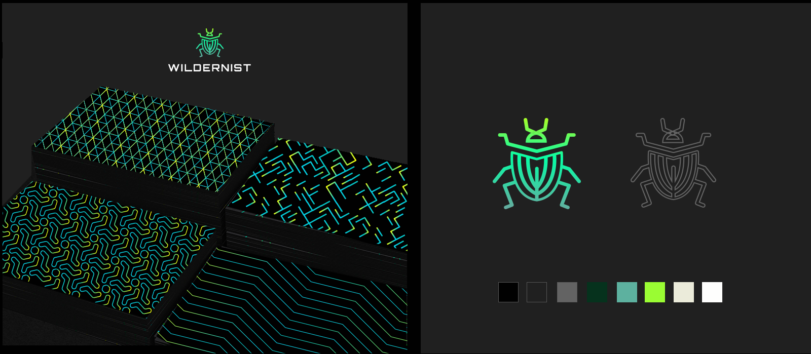 Wildernist patterned cards beside the beetle logos and brand colour palette